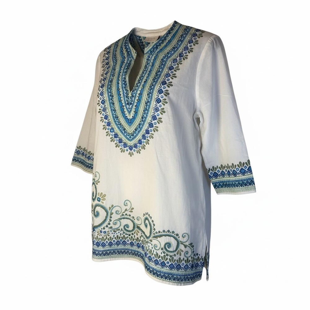 Chico's White Embroidered Cotton Boho Tunic Top Blue Embellished Beaded Size M - Picture 3 of 14